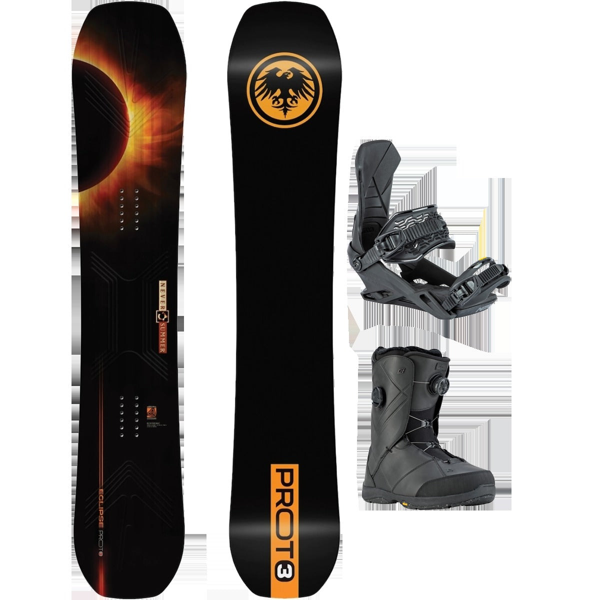 Never Summer Proto T3 Eclipse Demo Snowboard Package